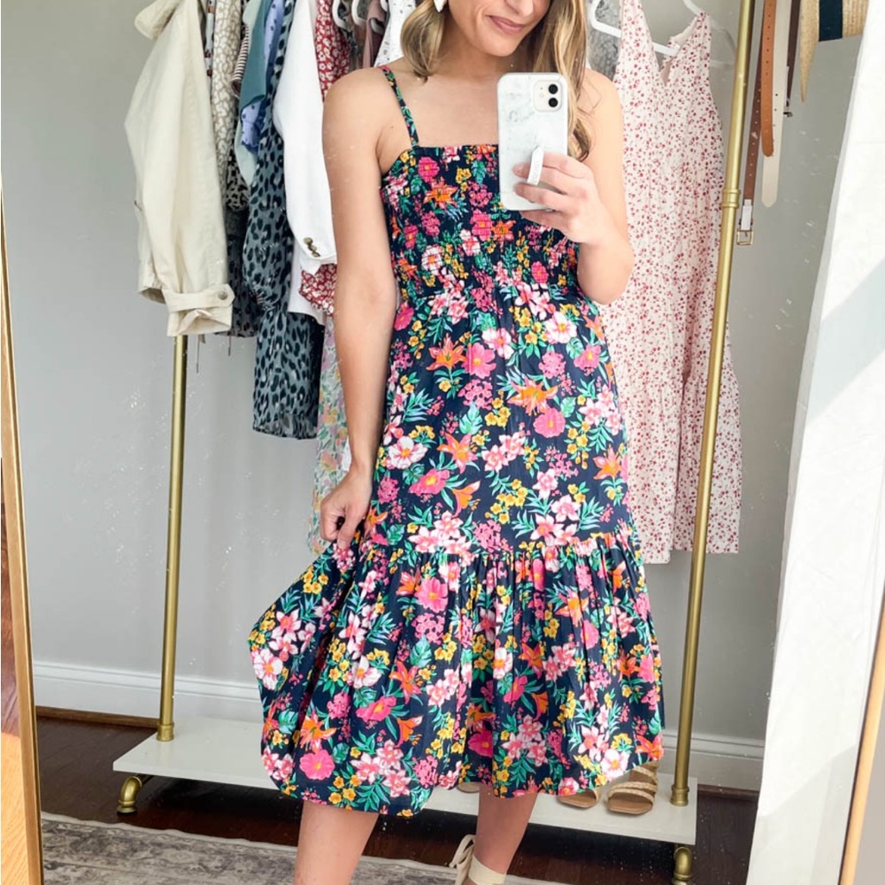J. Crew Navy Floral Smocked Midi Sundress
